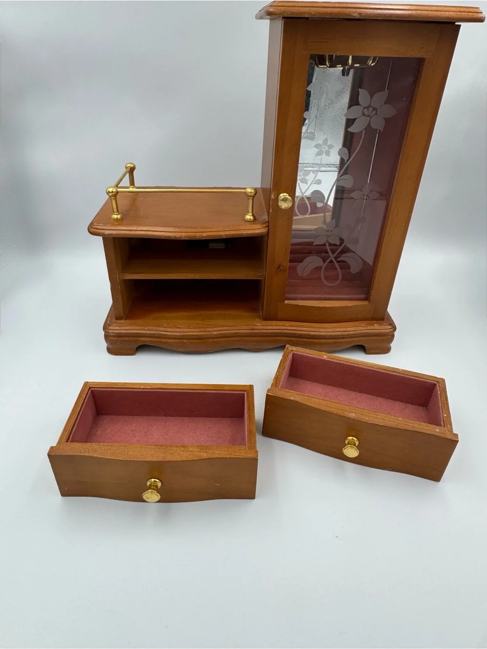 Vintage Musical Wooden Jewelry Box Armoire‎ Etched Glass Door w 2 Drawers